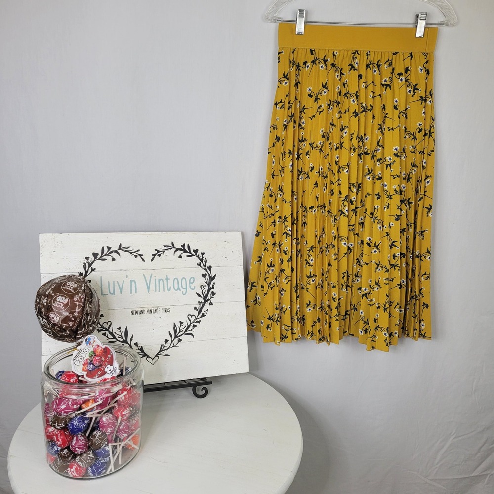 Andi + James Mustard Yellow Floral Pleated Maxi Skirt Size S Wide Waistband
